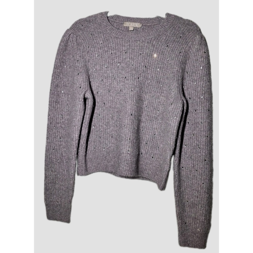 J Crew Womens Sweater Sz S Purple Rhinestones Supersoft Yarn Puff Sleeve Wool...